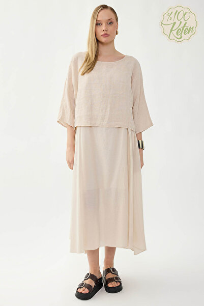 Vitrin 100% Linen Short Sleeve Long Dress