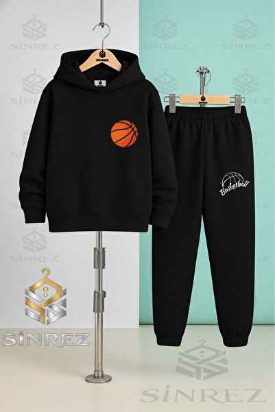 SİNREZ Children's Unisex Basketball Orange Ball Logo Hooded Tracksuit Set