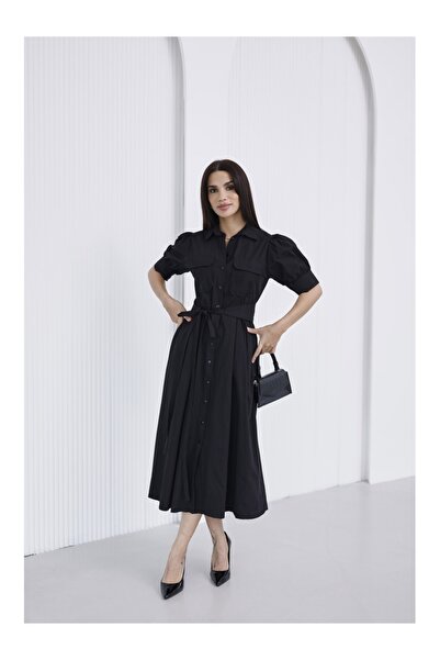 Elif Özbey Butik Siyah Balon Kol Gömlek Elbise