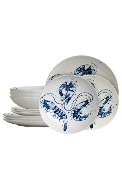 Cesiro Set of 12 Plates for 4 Persons, Marine Blue, White with Shrimps