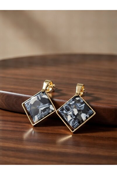 ahsenaksesuar2025 Black White Marble Pattern Gold Color Square Framed Steel E...