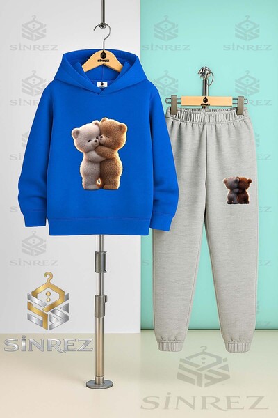 SİNREZ Children's Unisex Bear Hugging 2-Piece Hooded Tracksuit Set