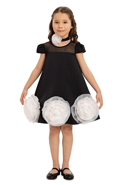 Pamina Girl Child 3-7 Years Old Three Dimensional Roses Cotton Satin Dress Black