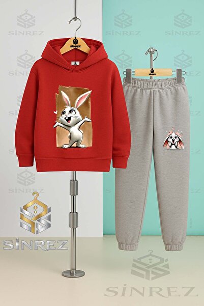 SİNREZ Children's Unisex Tavsan Tuval Byz Pink Hooded Tracksuit Set
