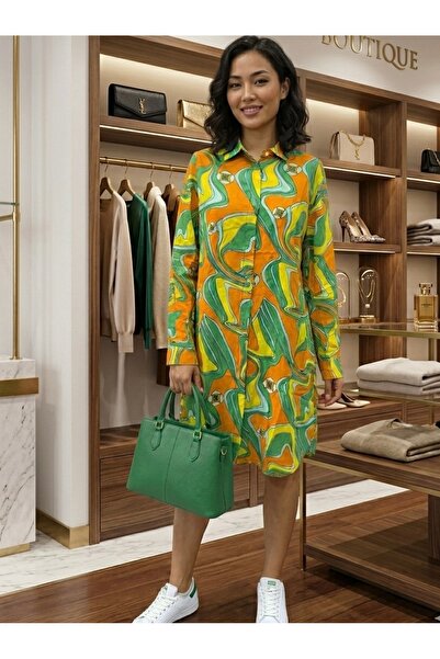 Polologin Butik Γυναικείο Με ρετρό μοτίβο Πουκαμισοφόρεμα - Πορτοκαλί Πράσινο...