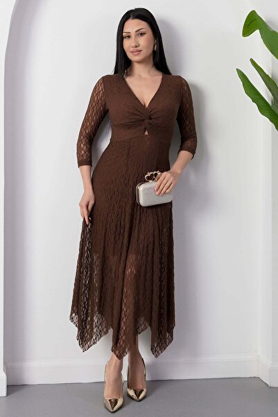 PULLIMM διπλό πέτο Φόρεμα με μακρύ μανίκι και κόμπο στο στήθος Δαντέλα 2026-4521