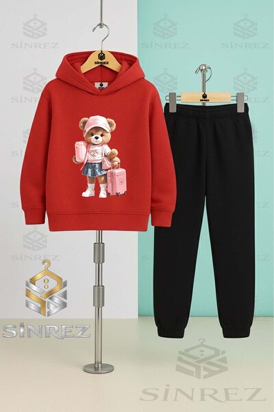 SİNREZ Children's Unisex Bear Suit with Luggage Bag Girls' Hooded Tracksuit Set