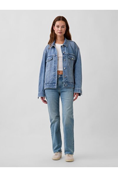 GAP Kadın Mavi Mid Rise Relaxed Straight Jean Pantolon