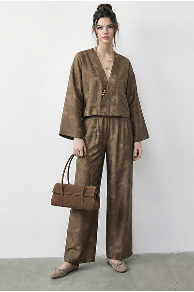 Bianco Lucci Women's Self Floral Print Double-Breasted Kimono with Loose Trou...