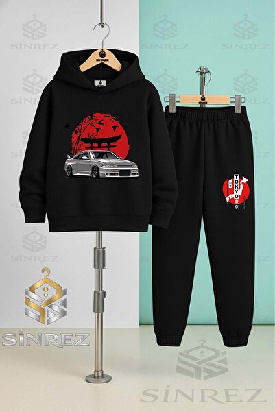 SİNREZ Children's Unisex Car Tokyo Red Circle Onunde Hooded Tracksuit Set
