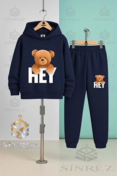 SİNREZ Children's Unisex Bear with Writing on the Back Hooded Tracksuit Set