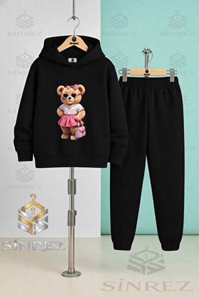 SİNREZ Children's Unisex Bearish Pink Skirt Canta Hooded Tracksuit Set