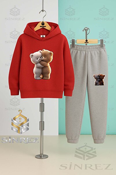 SİNREZ Children's Unisex Bear Hugging 2-Piece Hooded Tracksuit Set