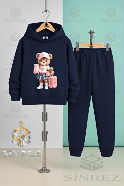 SİNREZ Children's Unisex Bear Suit with Luggage Bag Girls' Hooded Tracksuit Set