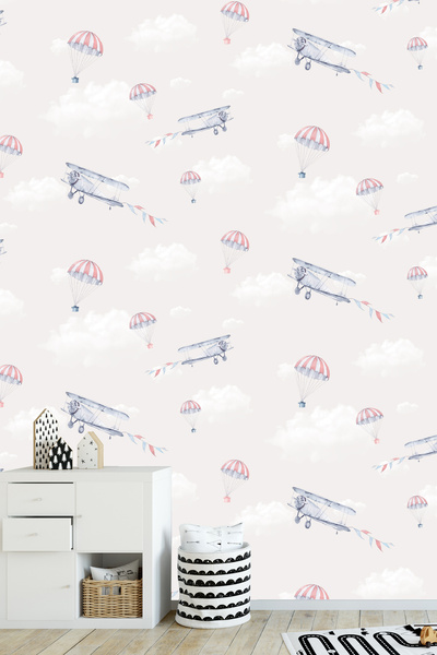 Golden DUVAR KAĞIDI-BORDÜR Çocuk / Bebek Odası Uçak Desen Soft Renkler / Bej ...