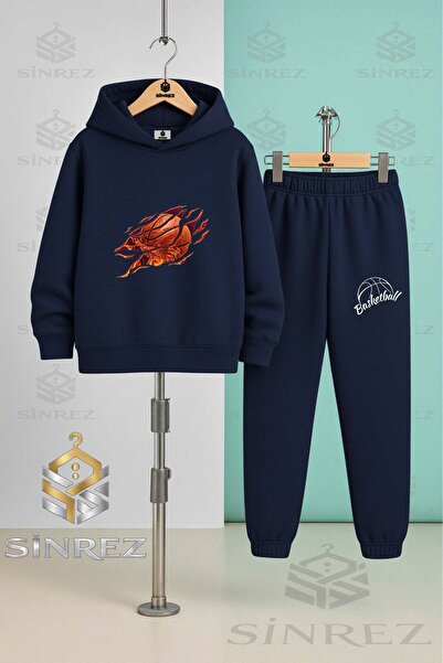 SİNREZ Children's Unisex Flame Basketball Hooded Tracksuit Set