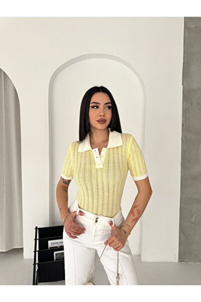 MODAMERSİ Women's Yellow Polo Neck Woven Detailed Short Sleeve Knitwear Blouse
