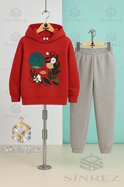 SİNREZ Children's Unisex Cicekten Green Girls Yuzu Hooded Tracksuit Set