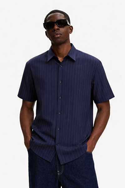 DAMGA JEANS Ανδρικό κοντομάνικο πουκάμισο Ριγέ Navy Blue Comfortable