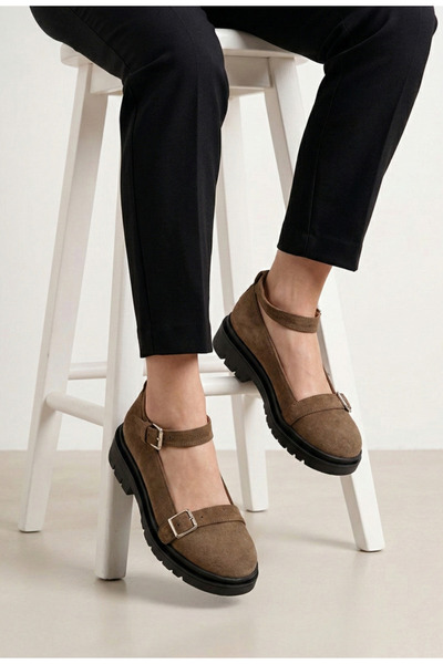 Dasha Pantofi dama taupe din piele intoarsa cu bareta