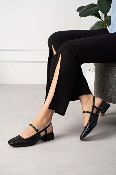 ShoeTek Beatta Дамски боти с дебел ток и каишка за глезена, плетени, черни