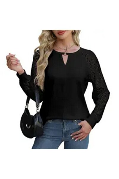 NANYUAYA Elegant long-sleeved lace blouse for women, black, size S,