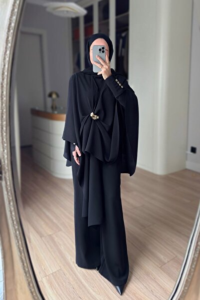 Ka Hijab Σετ με ντραπέ τριπλά σάλια με λεπτομέρεια καρφίτσας - Μαύρο