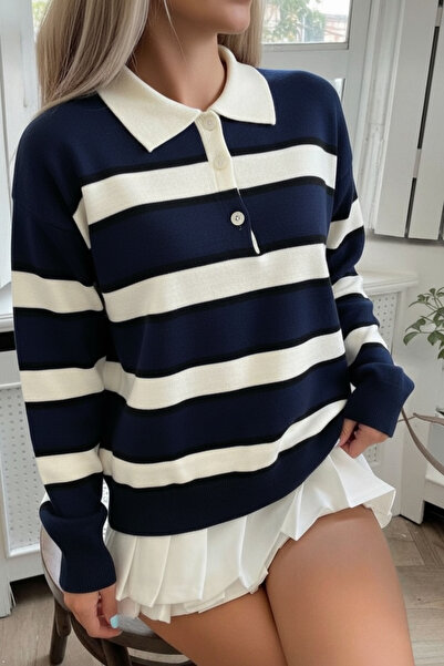meday Clothing Women's Striped Polo Neck Knitwear Sweatshirt