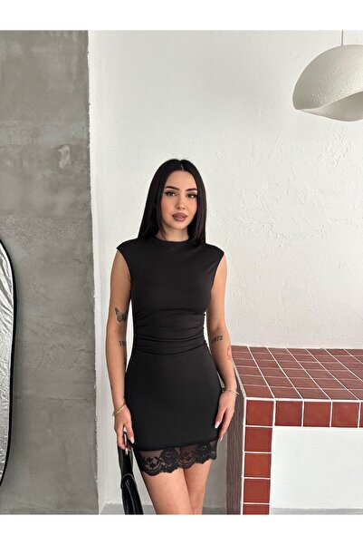 FORSACE Straplez Drapeli Büzgülü Etek Ucu Dantelli Sıfır Yaka Kolsuz Mini Elbise