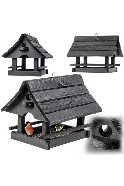 KADAX Hrănitoare mare pentru păsări din lemn, premium, agățată, tip casă gri,...