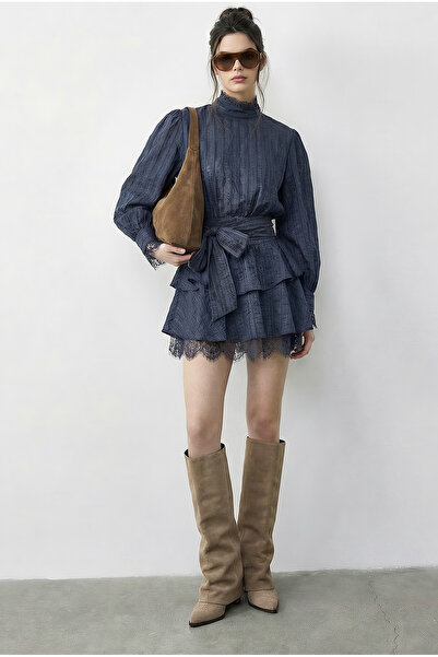 Bianco Lucci Kadın Çizgi Desenli Vatkalı Dantel Detaylı Kuşaklı Mini Elbise 3...