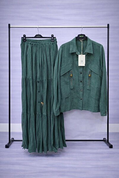 Ceremony Yeşil Fermuar Detaylı Ceket Etek İkili Takım