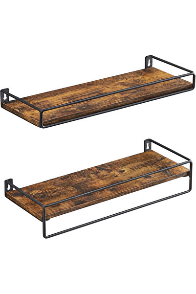 VASAGLE Set of 2 Wall Shelves with Metal Bar, 40x16x9 cm, Vintage Brown/Black