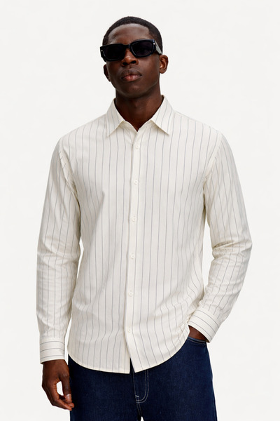 DAMGA JEANS Men's Striped Long Sleeve White Comfort Shirt