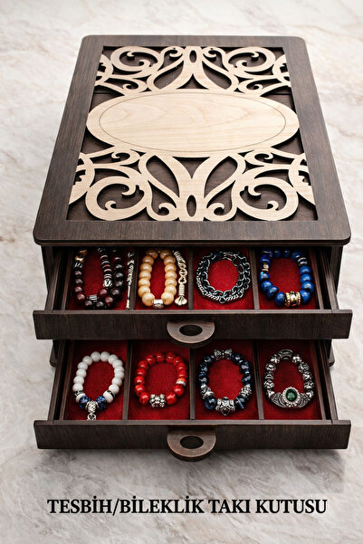 URFA LAZER Kişiye Özel Retro Tasarım Ahşap 2 Katlı 10 Bölmeli Tesbih Takı Kol...