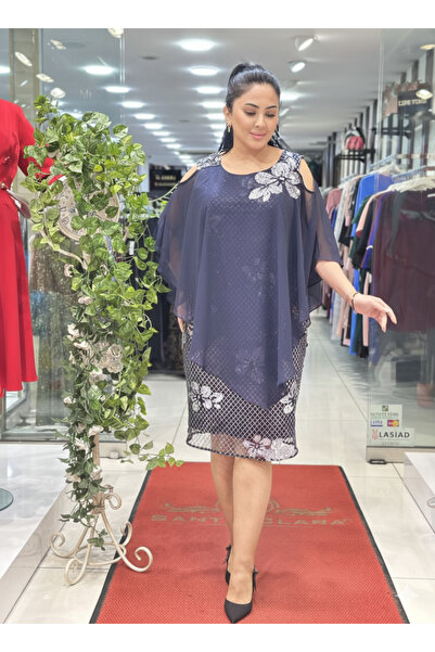 live forever Büyük Beden Midi Abiye Elbise Şifon Pelerinli Taş İşlemeli Dante...