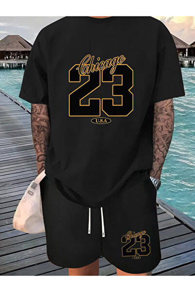 Flow touch 23 شورت تي شيرت - طقم بدلة رياضية مع شورت مطبوع مقاس كبير برقبة دا...