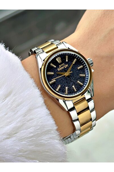 Slazenger Special Design Steel Cord Navy Blue-Gold Color Women Wristwatch 2533Mr