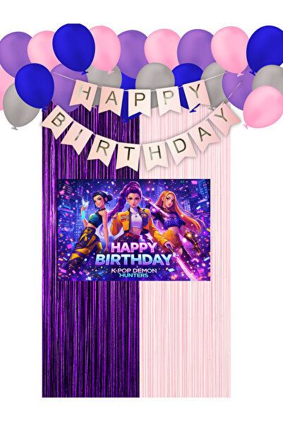 HAPPYLOOPPARTY Kpop K-Pop Demon Hunters Birthday Curtain & Happy Birthday Ban...