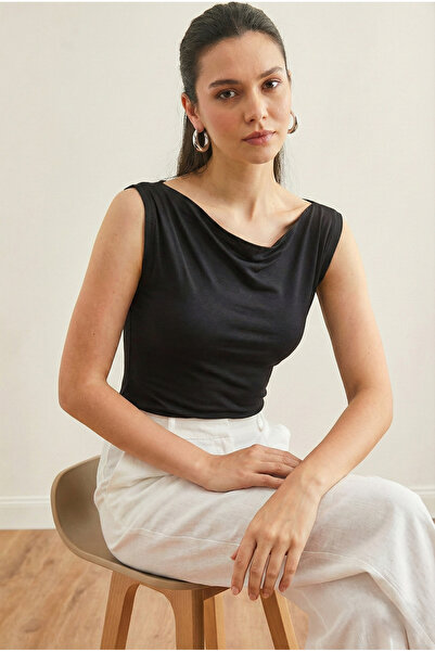 MELA ROSSA Women's Black Degaje Boat Neck Sleeveless Viscose Elasthane Blouse