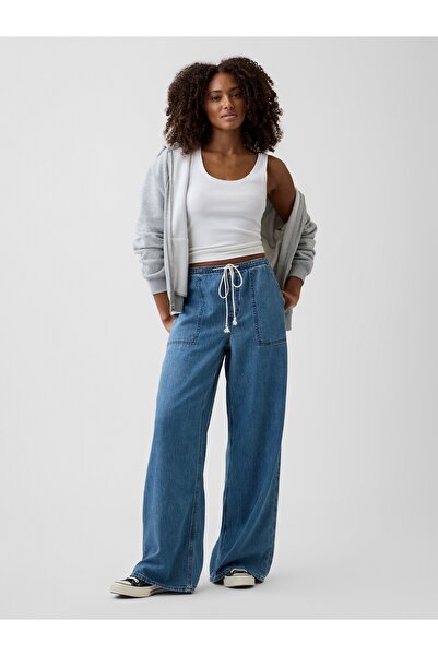 GAP Kadın Mavi Mid Rise Pull-On Süper Hafif Wide-Leg Jean Pantolon