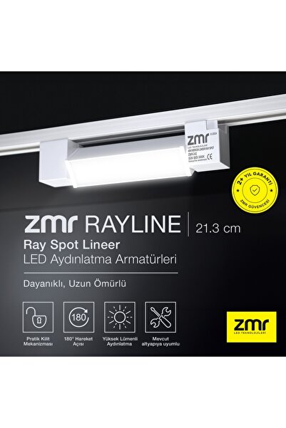 ZMR Rayline Opak Beyaz 10W 21.3 CM 3000K CRI 90 Pratik Kilit Mekanizması Ray ...