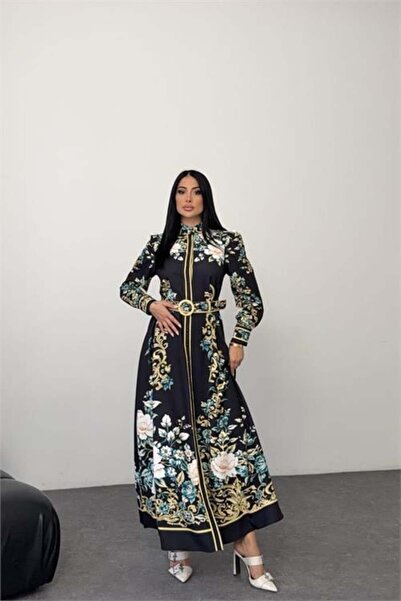 Dipmoda Women's Black Judge Collar Floral Print Maxi Length Design Dress Dpms...