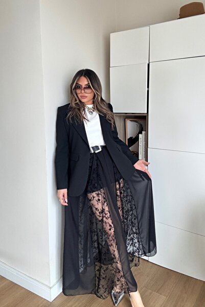 Sohotique By P Chiffon Floral Embossed Flared Skirt Black