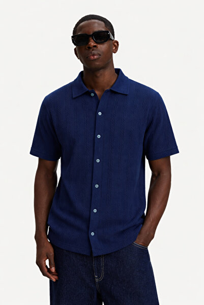 DAMGA JEANS Men's Kendi Patterned Stretchy Navy Blue Casual Shirt