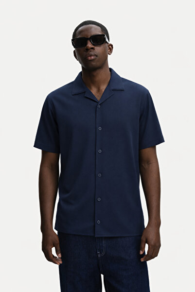 DAMGA JEANS Men's Short Sleeve Basic Navy Blue Relaxed Shirt