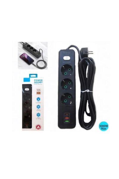OEMG Ηλεκτρικό καλώδιο επέκτασης με 3 υποδοχές και θύρες USB