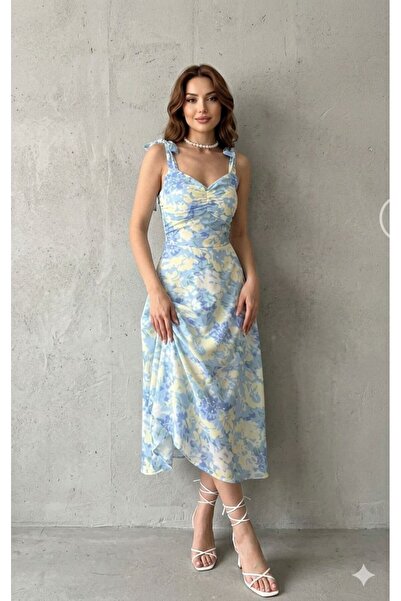 Evim Sepeti Mavi Çiçek Desenli Omuzdan Bağlamalı Midi Boy Yazlık Elbise