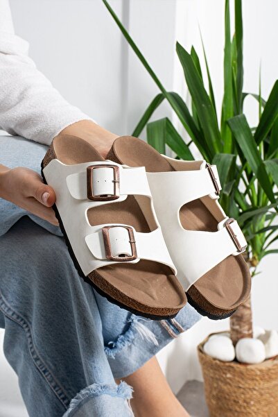 FUGA MODA Arona White Nubuck Double Striped Orthopedic Cork Sole Premium Slipper