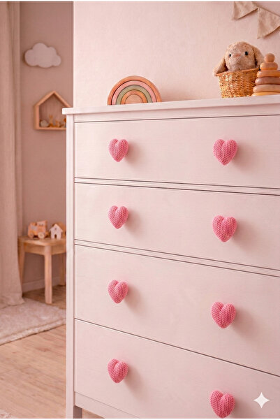 Rekatech 4'LÜ SET KALP FİGÜRLÜ KULP Çocuk Odası Örgü Desenli Dekoratif Çekmec...